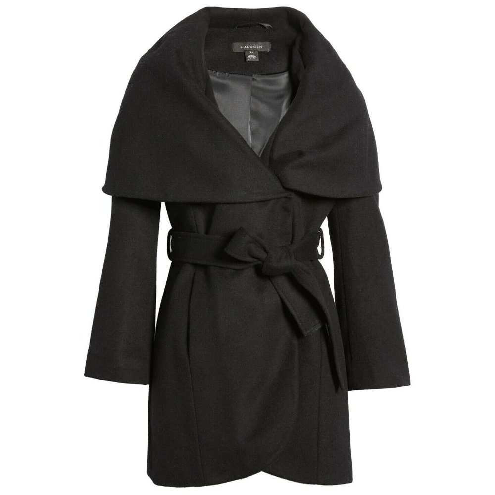 NEW $350 HALOGEN TAHARI Wool Blend Wrap Coat black warm winter size S